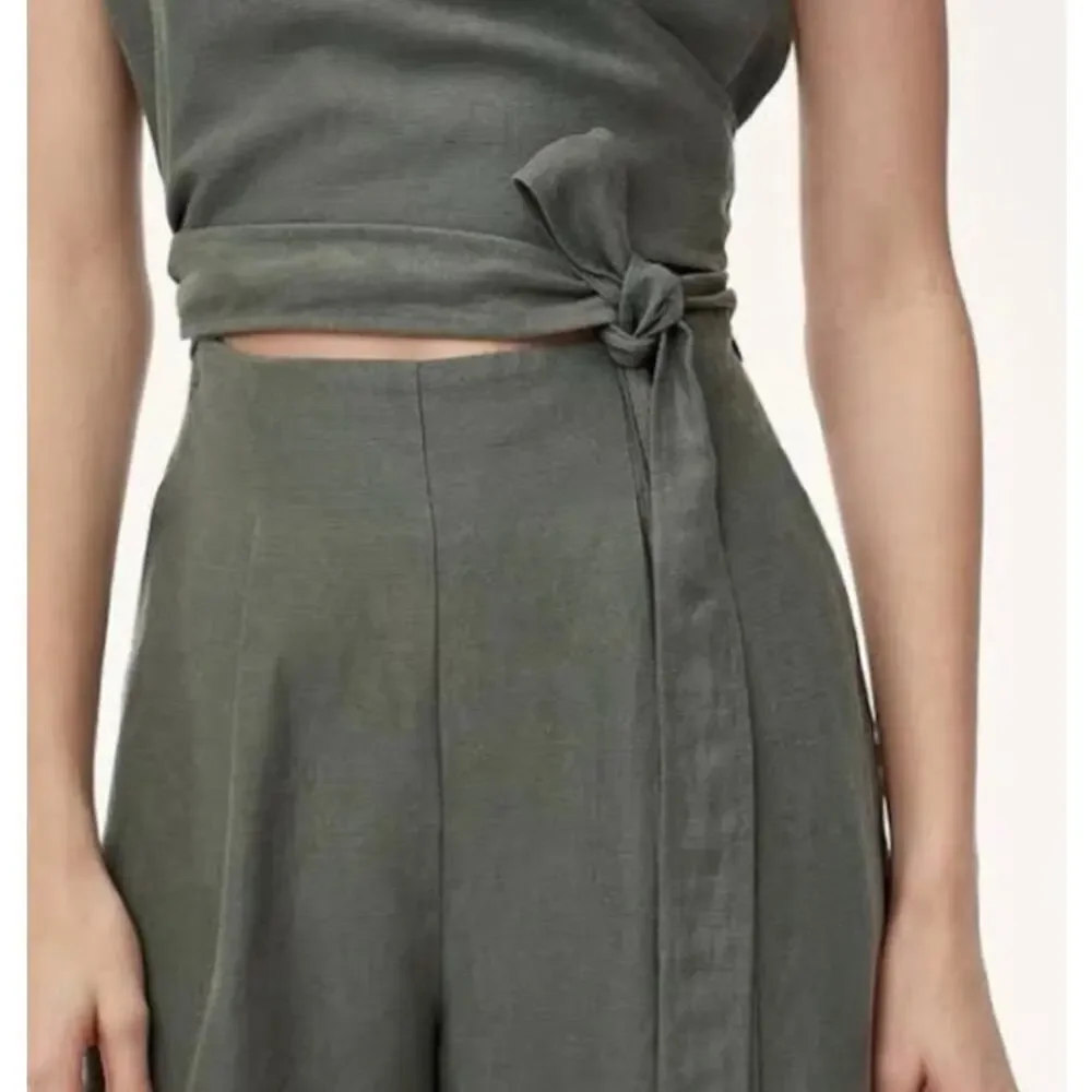 Aritzia Wilfred Revolve Brax Linen Blend Jumpsuit Sagesse Grey Green Wrap sz 8